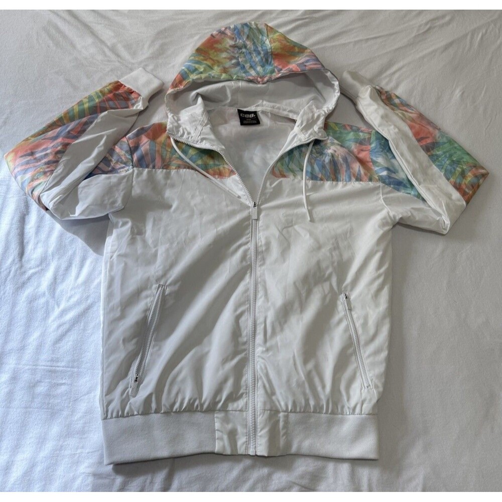 CSG White Floral Wind Breaker Track Jacket Mens Size Medium Hooded Front Zip